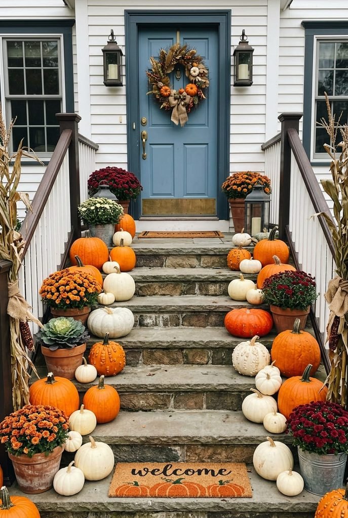 orange and white pumpkins layered down front porch steps for fall decor