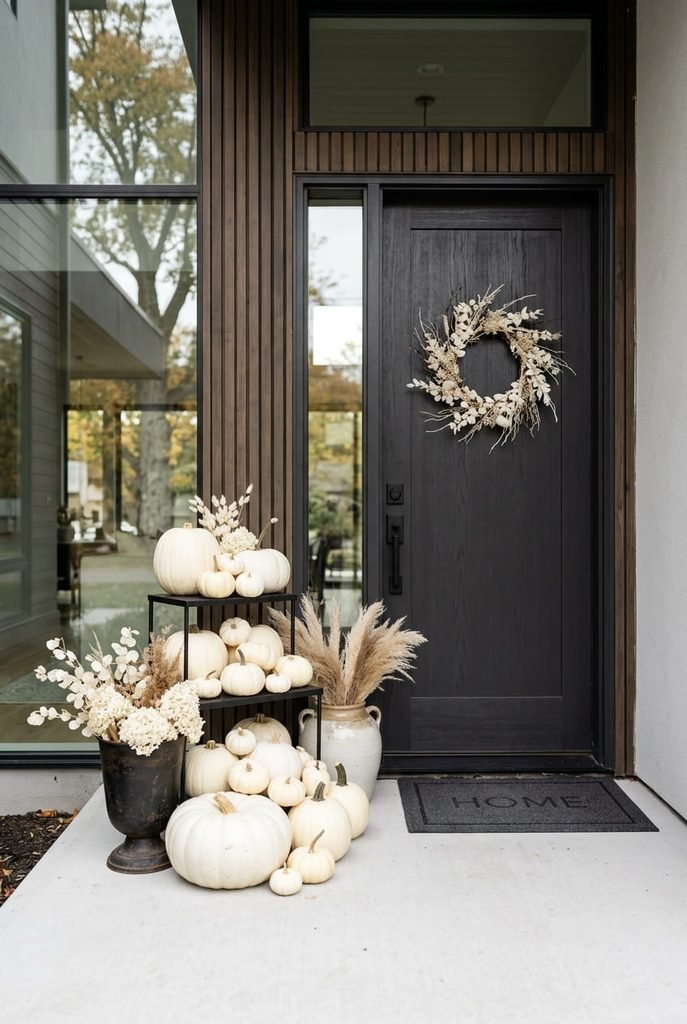 all-white pumpkin display on a modern fall porch