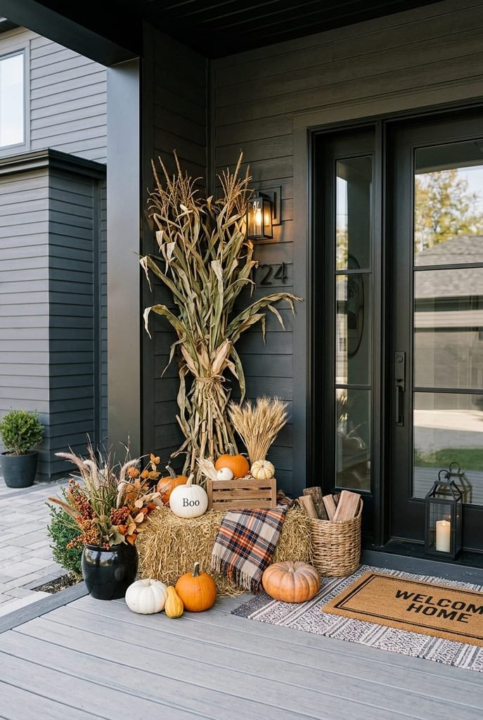 corn stalks and hay bale styled fall porch corner