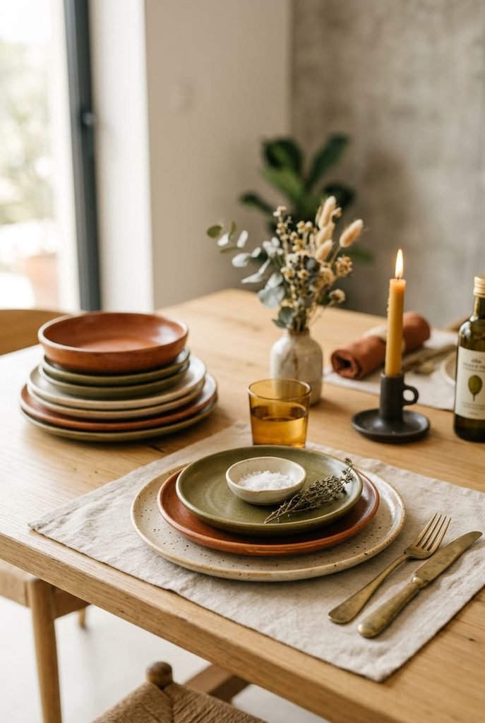 cozy fall table setting with mismatched vintage-style dinnerware and warm tones