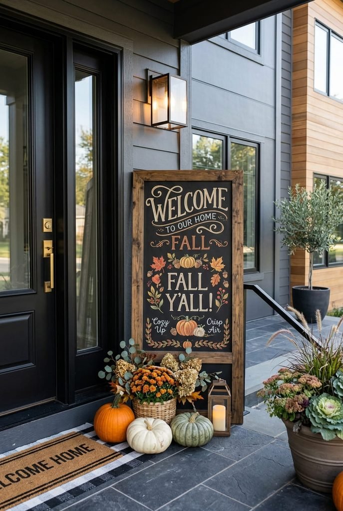 fall chalkboard welcome sign leaning on porch entryway