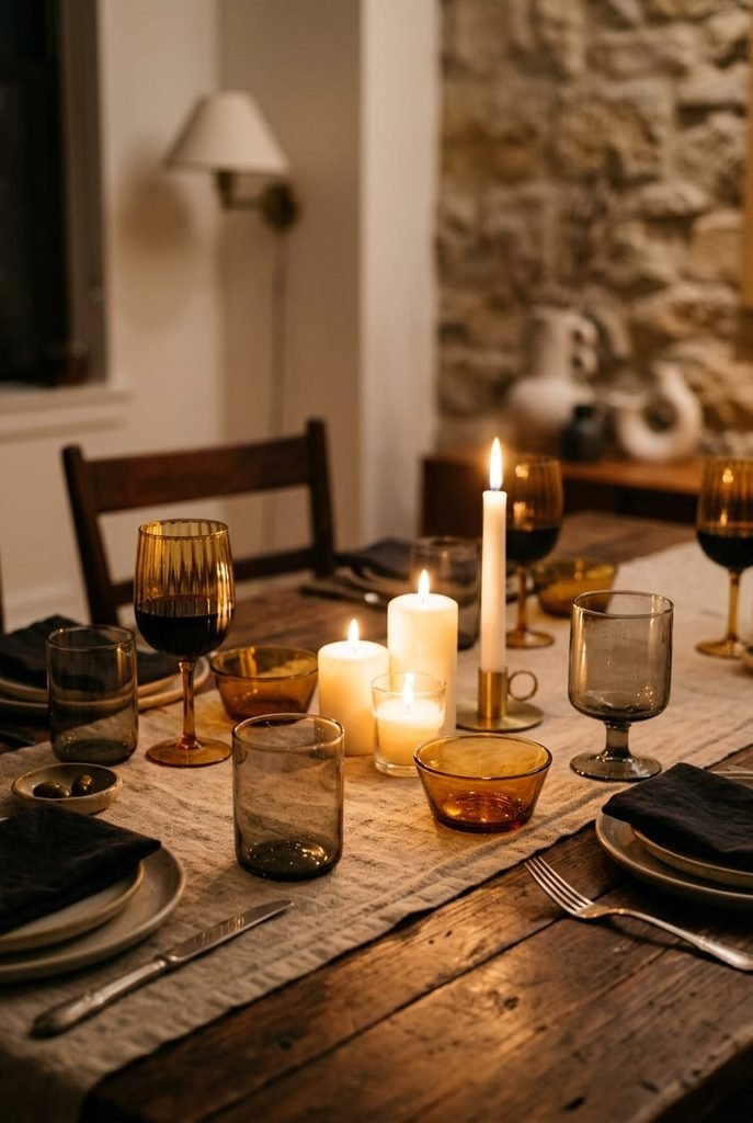 fall dining table decor with layered amber glassware and candlelight