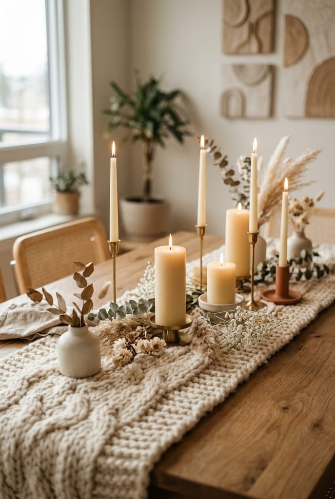 fall tablescape ideas with chunky knit table runner and warm neutral tones