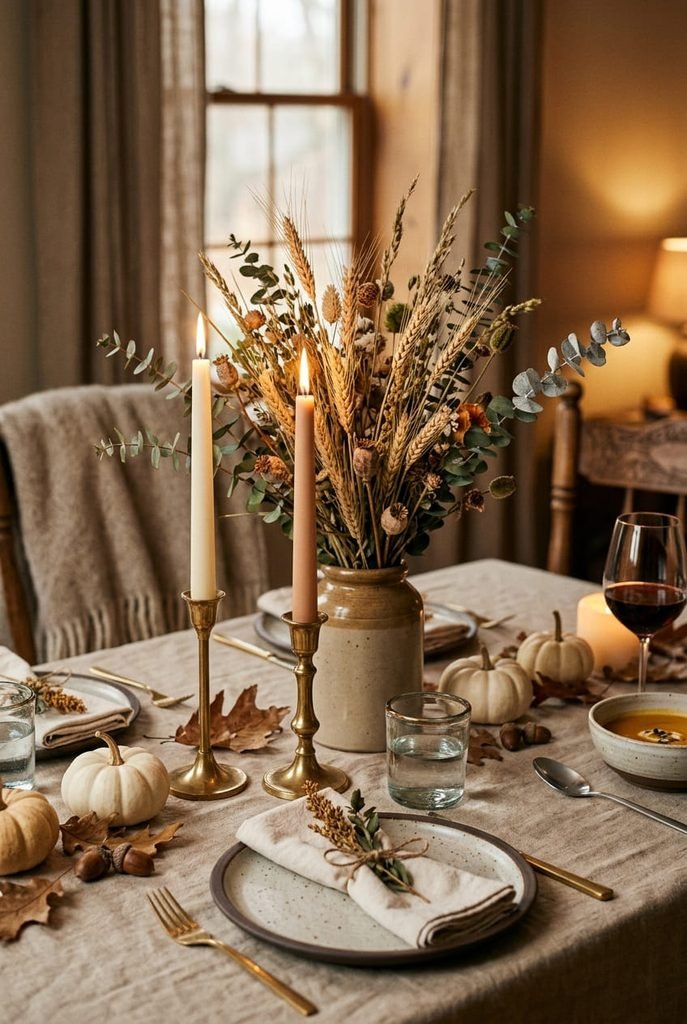 cozy fall table setting with dried florals and taper candles in brass holders