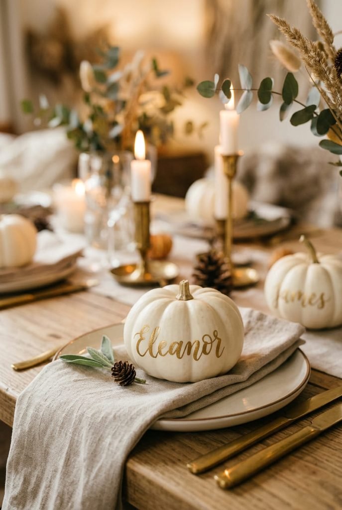 fall tablescape ideas featuring mini pumpkin place cards at each table setting