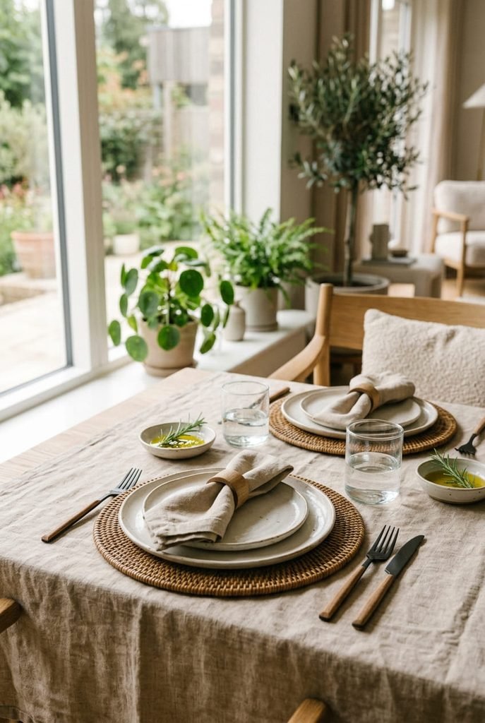 fall table decor with neutral linen tablecloth and textured charger plates