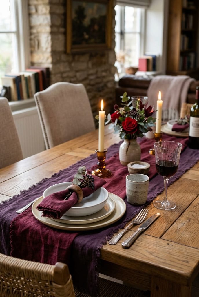 autumn table centerpiece with plum and burgundy table runner on wooden dining table