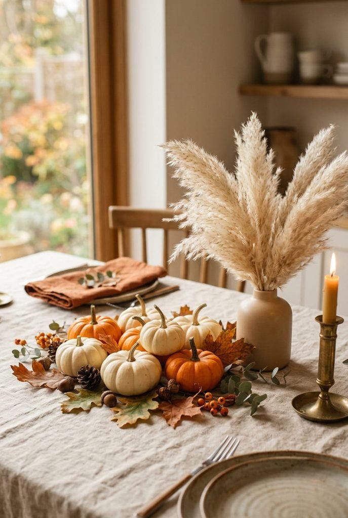 fall table decor centerpiece with mini pumpkins and pampas grass on a neutral tablecloth