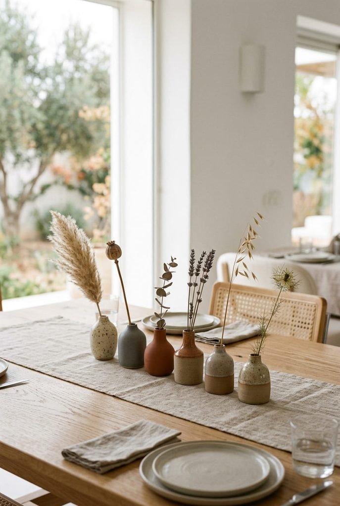 minimalist fall table decor with single-stem bud vases along table centerline