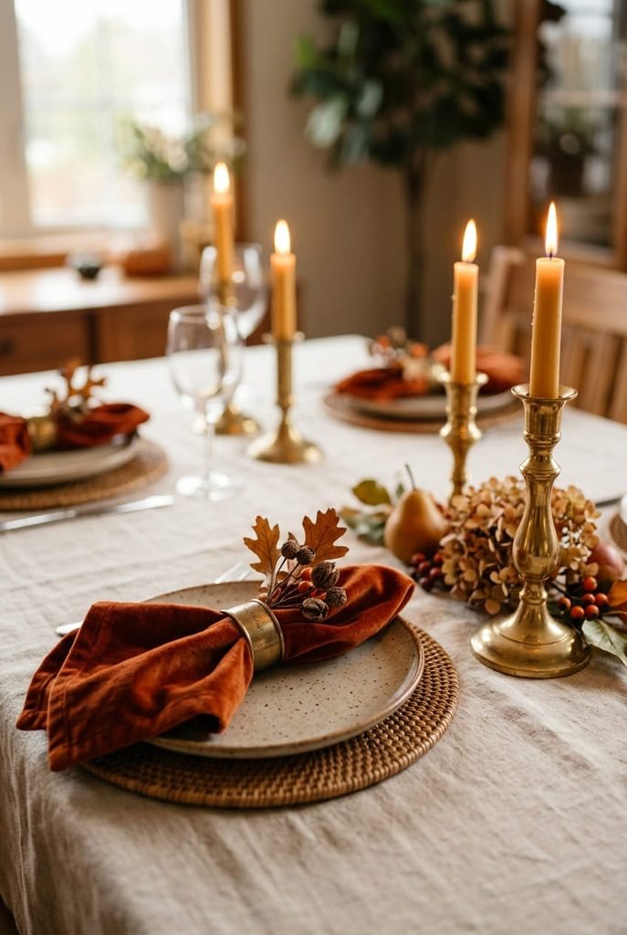  fall table decor with velvet napkins and brass candle holders on dining table
