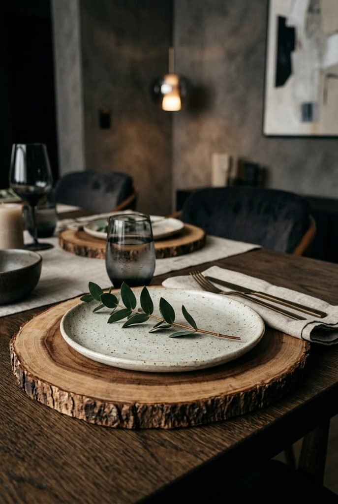 fall dining table decor with wood slab charger and stoneware plates
