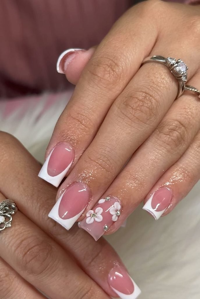 floral accent french tip nail art