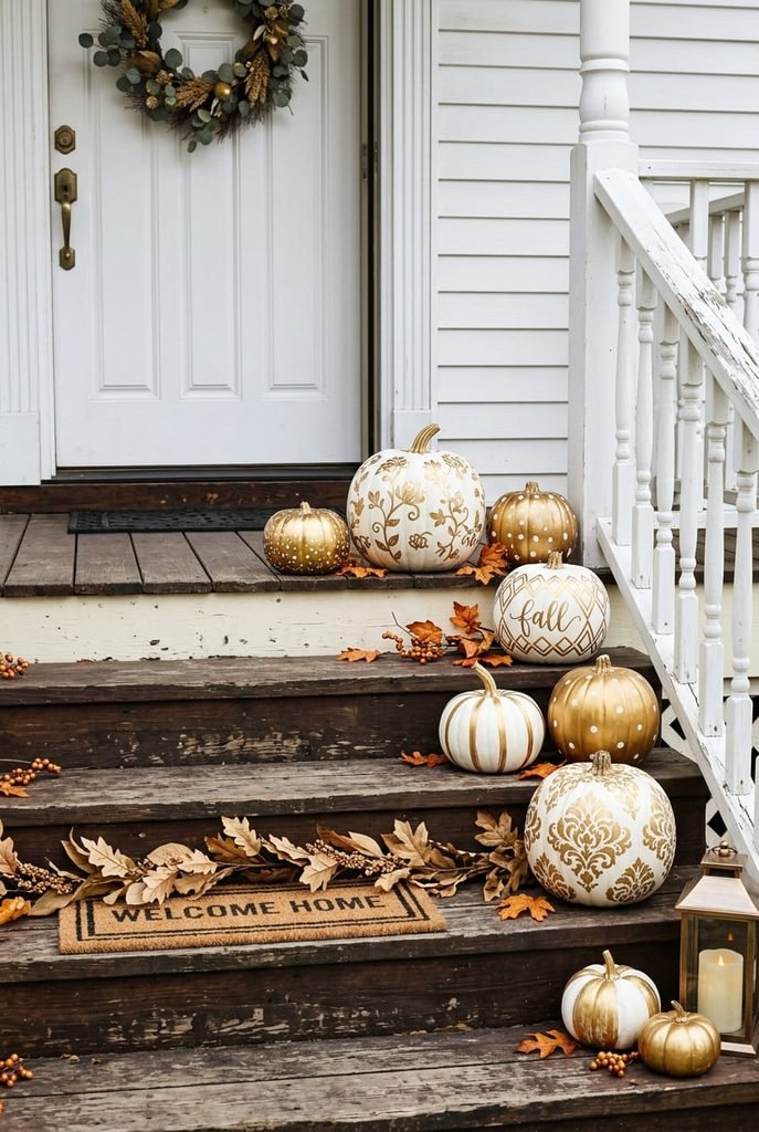 hand-painted white and gold pumpkins on porch steps