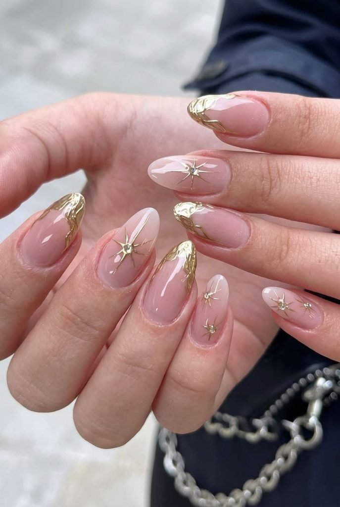 basic back to school nails with nude polish and gold star accent