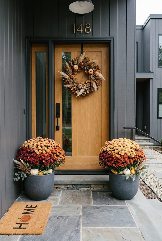ombré chrysanthemum planters flanking a fall front door