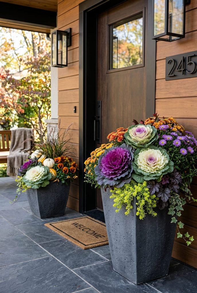 ornamental cabbage planted in fall porch planters