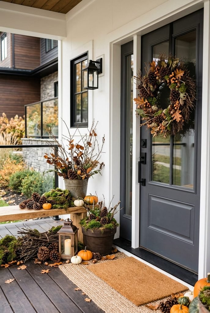 pinecones, branches, and moss styled on a woodland-inspired fall porch