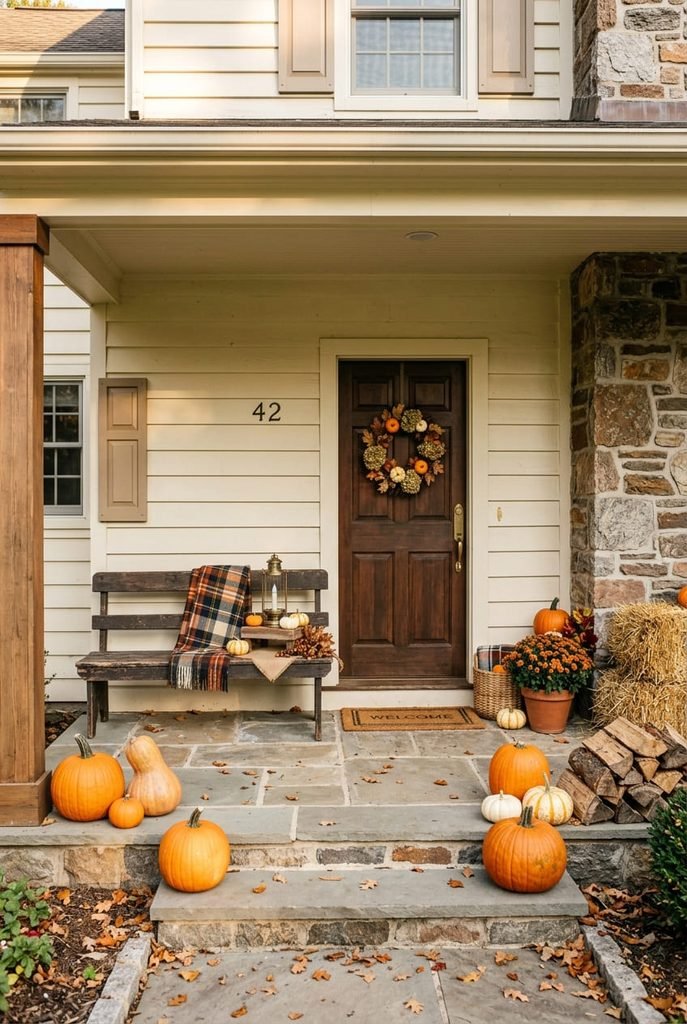 plaid blanket and glass lantern styled on a fall porch bench