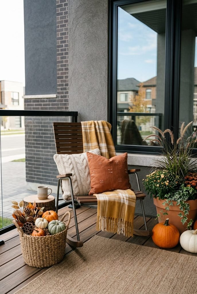 rocking chair styled with pillows and throw for fall porch