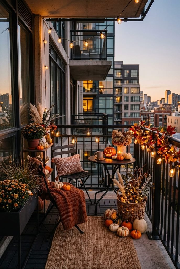 small apartment balcony styled with mini pumpkins and string lights for fall