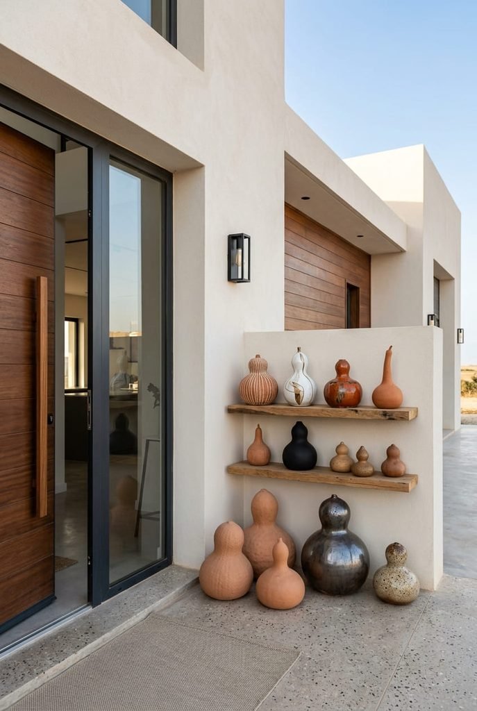 terracotta and ceramic gourd sculptures on porch entryway