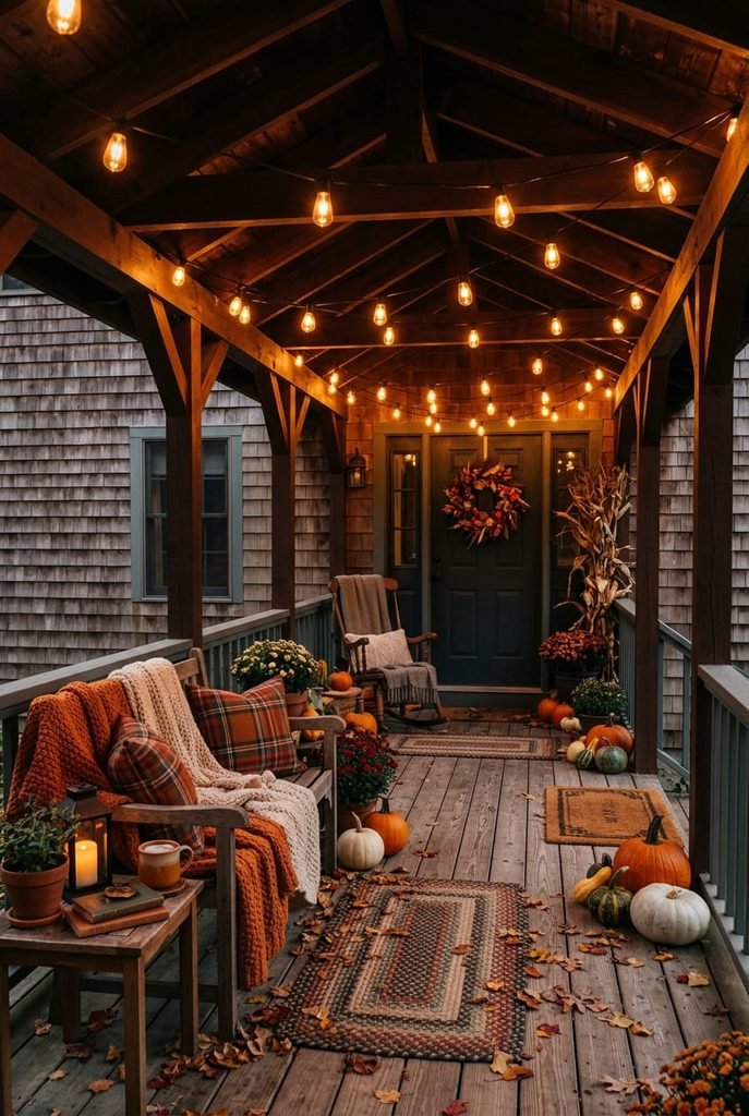warm string lights draped across a covered fall porch