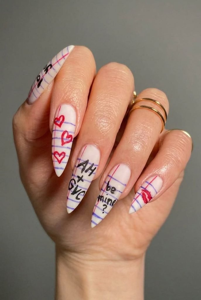 school nails inspired by notebook paper design