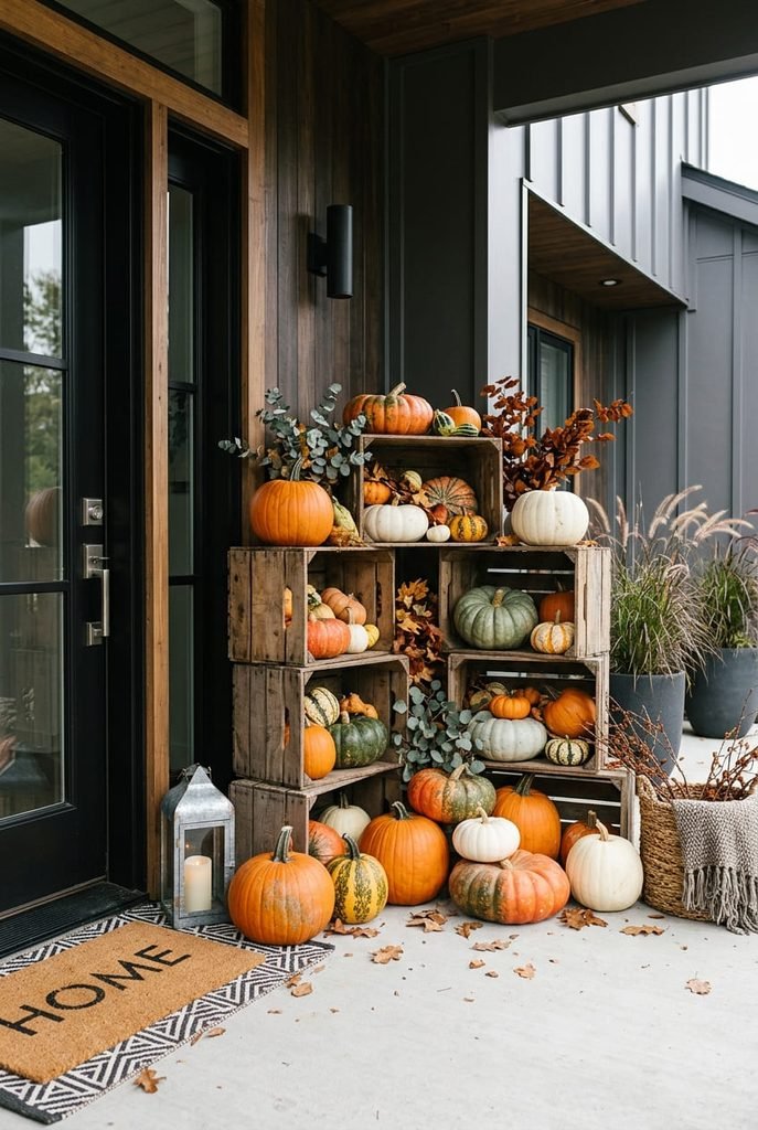 wooden crates stacked with pumpkins for rustic fall porch decor